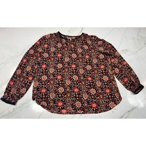 LOFT women's floral long-sleeve blouse with black lace trim.